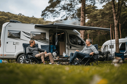 People sitting in chairs outside a motorhome